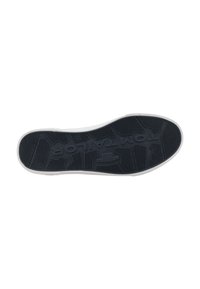 Semelle de chaussure en caoutchouc noir avec un motif de grip texturé, présentant des crêtes en relief et un nom de marque embossé. Bordée de caoutchouc blanc.