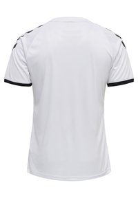 Maillot de sport blanc en tissu lisse, avec des accents noirs sur les manches et le col. La vue arrière montre un design propre et minimaliste.