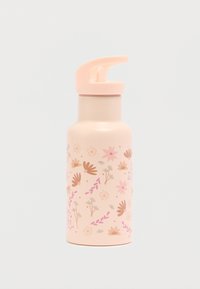 Ροζ παγούρι από ανοξείδωτο ατσάλι με φωτεινό ροζ καπάκι. Διακοσμημένο με λουλουδάτα σχέδια σε μπεζ και απαλούς ροζ τόνους. Λεία υφή.