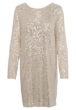 Gaiši bēšs mirdzošs kleita ar garām piedurknēm un apaļu dekoltē, kurai visā virsmā ir strukturēts mirdzošu, atstarojošu sekvīnu raksts.