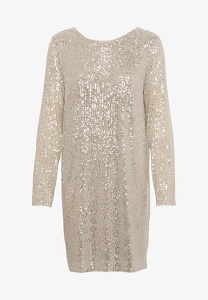 Abito in beige chiaro con paillettes, maniche lunghe e scollatura rotonda, caratterizzato da un motivo testurizzato di paillettes brillanti e riflettenti.