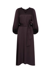Dunkelviolettes Midi-Kleid mit V-Ausschnitt, Puffärmeln und gebundenem Taillengürtel. Aus glattem Stoff gefertigt, mit gerafften Details an den Ärmelabschlüssen.