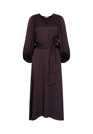 Dunkelviolettes Midi-Kleid mit V-Ausschnitt, Puffärmeln und gebundenem Taillengürtel. Aus glattem Stoff gefertigt, mit gerafften Details an den Ärmelabschlüssen.