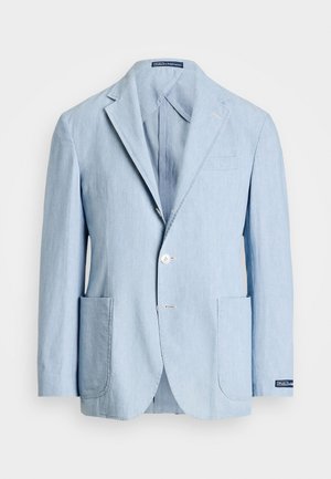 Lichtblauwe linnen blazer met een enkelbreasted ontwerp, notch-revers, twee voorkeuringen en een dubbele knoopsluiting.