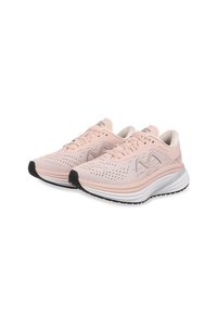 Zapatillas de running rosa claro con parte superior de malla transpirable, detalles texturizados y suela de goma negra; cuenta con un sistema de cordones y amortiguación.