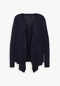 Cardigan blu navy realizzato in tessuto a maglia leggero, con apertura frontale, maniche lunghe e un design drappeggiato con una texture morbida.