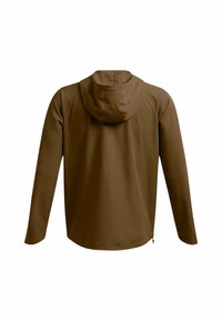 Brun långärmad jacka med huva, tillverkad av slät tyg. Har en andningsbar design och en enkel, minimalistisk snitt.