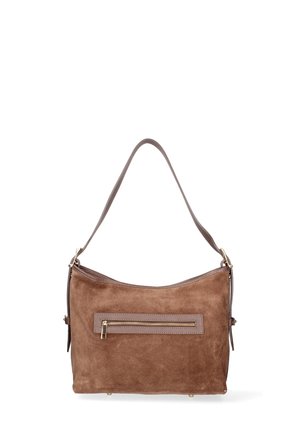 Braune Wildleder-Schultertasche mit flachem Design, einem Tragegurt und einer vorderen Reißverschlusstasche, ausgestattet mit goldfarbenen Beschlägen und einem glatten Lederakzent.