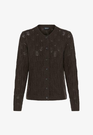 Ciemnobrązowy kardigan z teksturowanym wzorem dzianiny i małymi wycięciami, okrągłym dekoltem oraz sześcioma guzikami z przodu.