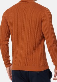 Homme portant un pull en maille texturée couleur rouille avec un motif en chevron, vu de dos, associé à un pantalon bleu marine foncé.