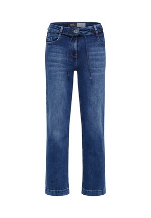 Blaue Jeans aus Denim mit geradem Bein, vorderen Taschen und einem Kordelzugverschluss. Enthält subtile Verwaschungen und Nähtdetails.