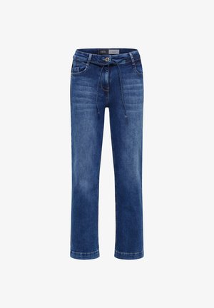 Blaue Jeans aus Denim mit geradem Bein, vorderen Taschen und einem Kordelzugverschluss. Enthält subtile Verwaschungen und Nähtdetails.