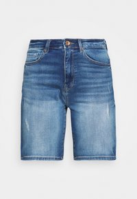 Pantalones cortos de mezclilla en un lavado azul claro con desvanecidos y detalles desgastados. Diseño de cinco bolsillos con cremallera y cierre de botón en la cintura.