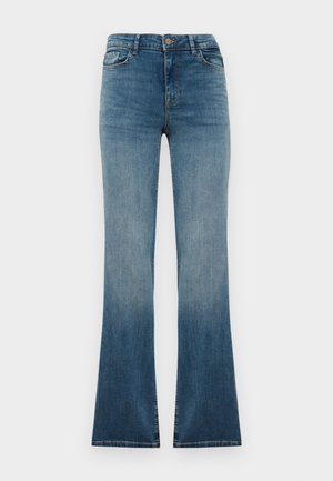 Blugi evazați din denim albastru cu o nuanță gradient de la închis la deschis. Prezintă un brâu tradițional, cinci buzunare și un sistem de închidere cu nasture frontal.