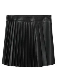 Jupe plissée en cuir noir avec une texture lisse, dotée d'une taille haute et de plis verticaux uniformément espacés sur toute sa surface.