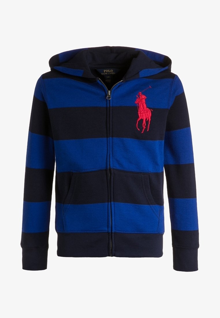 Blå och marinrandig zip-up hoodie med en känguruficka, ribbade ärmslut och broderad röd logga av en polo-spelare på bröstet.