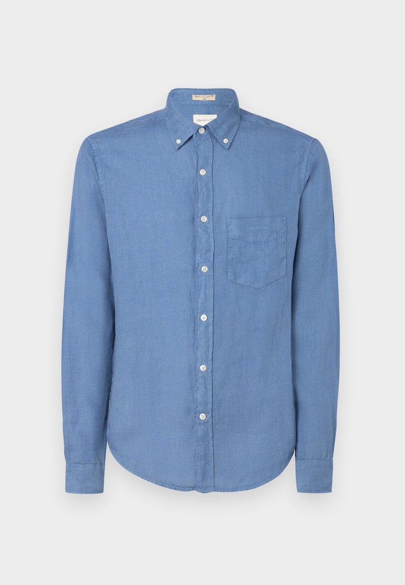 Blaue Langarmbluse aus Leinen mit Button-Down-Kragen, Brusttasche und weißen Knöpfen. Glatte Textur und klassisches Design.