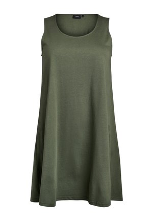 Ärmelloses olivgrünes Kleid aus weichem Stoff; A-Linien-Silhouette mit rundem Hals, das ein einfaches, unverziertes Design aufweist.