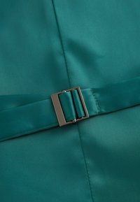 Teal satin fabric featuring a smooth texture, a wide belt with a rectangular metal buckle, and neat stitching along the edges.