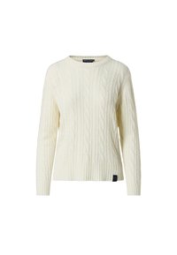 Maglione a maglia a treccia color crema con maniche lunghe, polsini e orlo a costine, e un piccolo etichetta nera del marchio vicino al bordo inferiore.