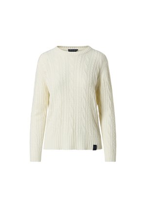 Suéter de punto trenzado color crema con mangas largas, puños y dobladillo acanalados, y una pequeña etiqueta negra de la marca cerca del borde inferior.