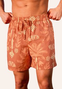 Hellbraune Badehose mit elastischem Bund, Kordelzug und cremefarbenen tropischen Mustern mit Palmen- und Sonnenmotiven.