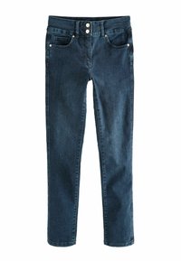Jeans de mezclilla azul oscuro con corte recto, que cuentan con dos bolsillos frontales, un cierre de botón con dos botones y un ligero desgastado.