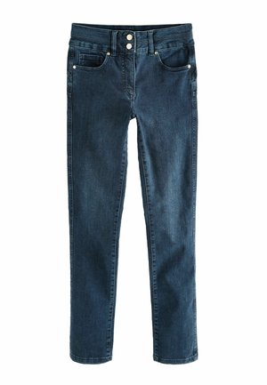 Tumedat sinised denim püksid sirge lõikega, millel on kaks eesmist taskut, kahest nupust koosnev nööbikäik ja õrn fade.