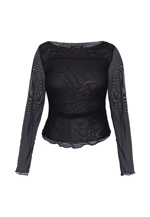 Czarny przezroczysty, dopasowany top z długim rękawem, okrągłym dekoltem i subtelnym falbankowym wykończeniem, wykonany z lekkiej siateczkowej tkaniny.