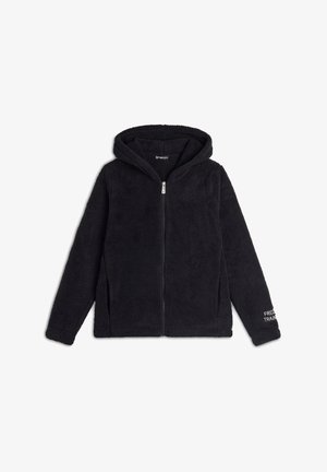 Felpa nera in pile con zip completa, due tasche laterali e cappuccio; presenta una texture morbida e la scritta "FREDDY TRAINING" su una manica.