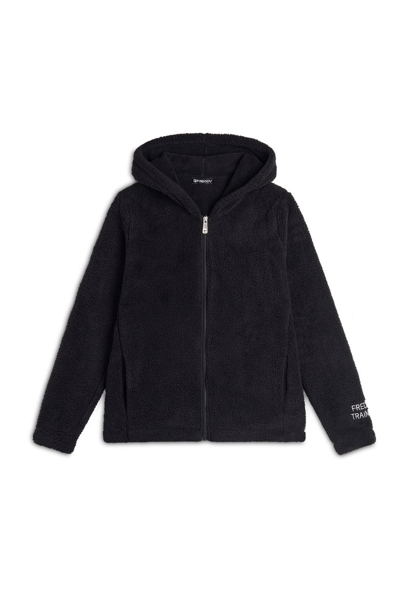 Felpa nera in pile con zip completa, due tasche laterali e cappuccio; presenta una texture morbida e la scritta "FREDDY TRAINING" su una manica.