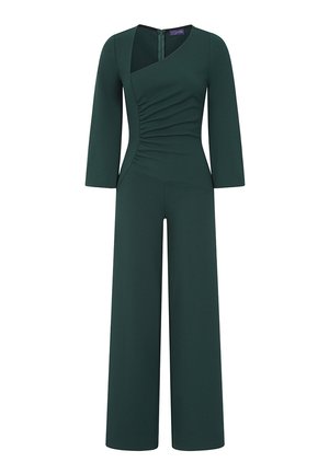 Mørkegrøn jumpsuit med lange ærmer, brede bukseben, asymmetrisk rynket bodice og lynlås i ryggen.