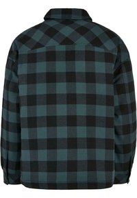 Dos d'une chemise à manches longues ou d'une veste avec un motif à carreaux noir et vert foncé et un col plat.