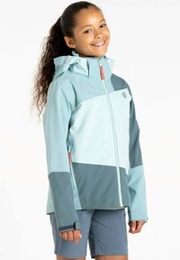 Wasserabweisende Jacke in Hellblau und Dunkelgrau, mit Reißverschluss, verstellbarem Hut und Seitentaschen mit roten Akzenten.