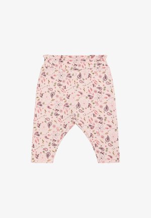 Leggings rose clair avec une taille élastique, présentant un motif floral et cachemire en nuances de violet, vert et rose. Tissu doux.
