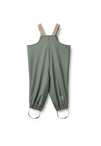 Groene waterdichte overalls met verstelbare beige banden, elastische manchetten en een logodetail op het been. Gladde, matte textuur.