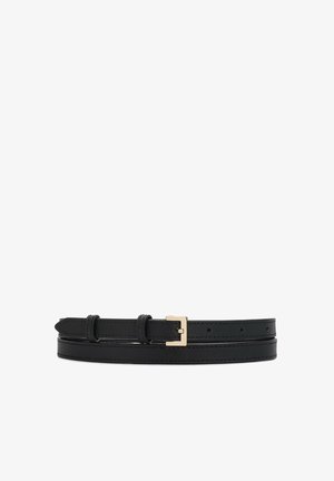 Black leather slim belt with gold rectangular buckle and two belt loops, laid flat on a white background.