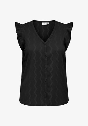 Crni bez rukava top s V-izrezom, s uzorkom u obliku zigzaga, prednjim gumbima i nabranim detaljima na ramenima. Tekstuirana tkanina.