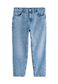 Jeans in denim azzurro con design a gamba dritta, cinque tasche, passanti per cintura e chiusura con bottone. Presentano una leggera sbiaditura in tutto il capo.