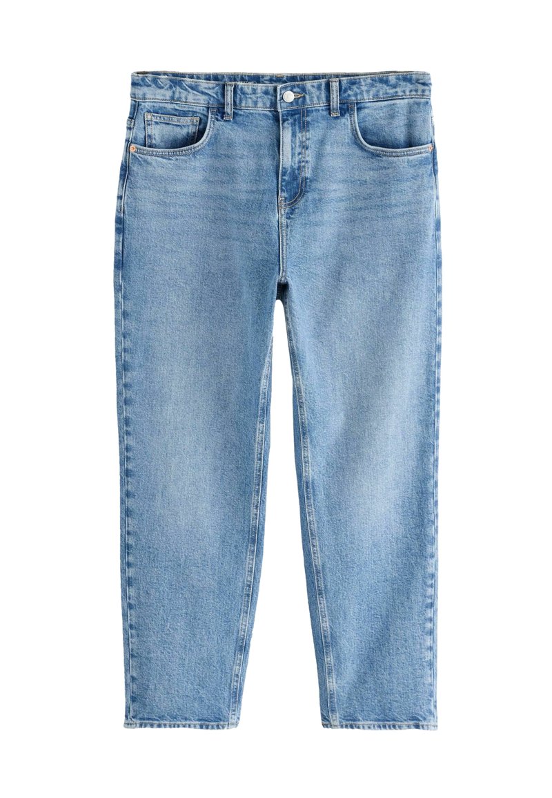 Jeans de mezclilla azul claro con un diseño de pierna recta, cinco bolsillos, passantes para cinturón y cierre de botón. Presentan un ligero desvanecimiento en toda la prenda.