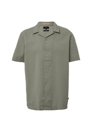 Chemise à manches courtes, verte olive clair, à boutons, dotée d'un motif texturé, fabriquée dans un tissu doux et respirant, avec un design de col traditionnel.