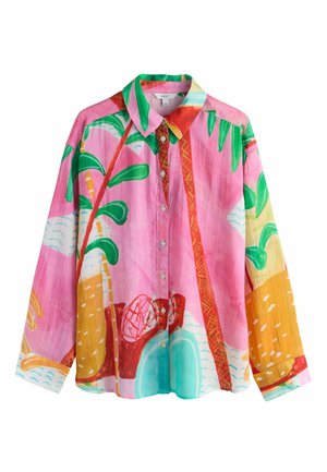 Langærmet skjorte med knapper og farverigt tropisk print med palmer, blade og abstrakte former i pink, grøn, gul og blå.