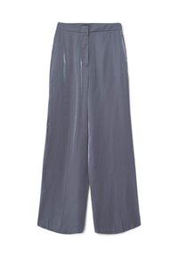Wide-leg trousers in gray, featuring a smooth, shiny fabric with a flat waistband, front closure, and no visible pockets.