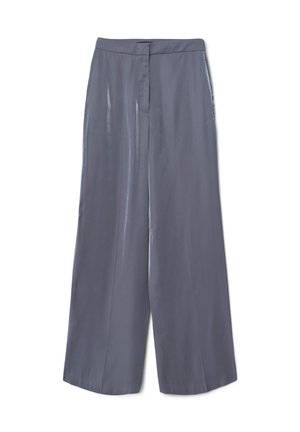 Helle graue weit geschnittene Hose aus glattem, glänzendem Stoff mit flachem Bund, Frontverschluss und ohne sichtbare Taschen.