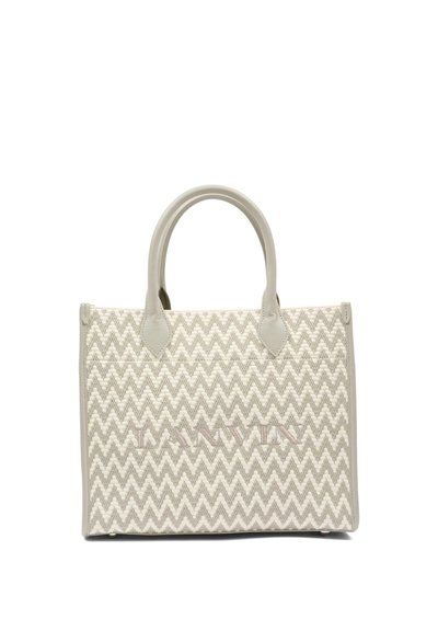 Borsa tote beige con motivo a zigzag intrecciato, due manici arrotondati e nome del marchio ricamato discretamente al centro anteriore.