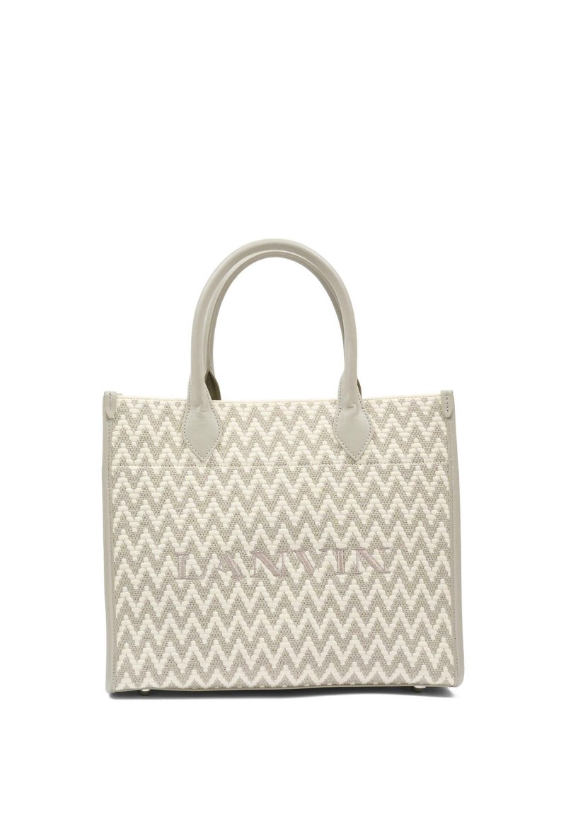 Borsa tote beige con motivo a zigzag intrecciato, due manici arrotondati e nome del marchio ricamato discretamente al centro anteriore.