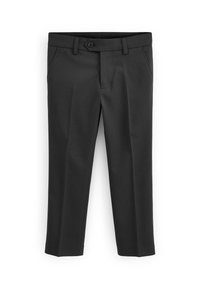 Pantalons noirs ajustés en tissu lisse, présentant un devant plat, des poches latérales, des passants de ceinture et une fermeture à bouton simple.