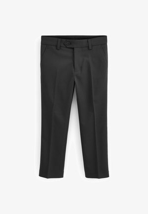 Pantaloni neri sartoriali realizzati in tessuto liscio, con frontale piatto, tasche laterali, passanti per cintura e chiusura con un bottone.