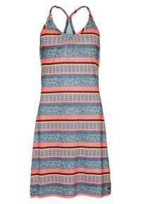 Robe d'été en coton avec un motif rayé bleu et corail orné de motifs floraux. Bretelles spaghetti et coupe décontractée.