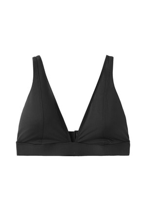 Top de bikini negro en forma de triángulo con tirantes anchos y escote en V profundo, diseñado con una banda inferior segura y tejido suave.